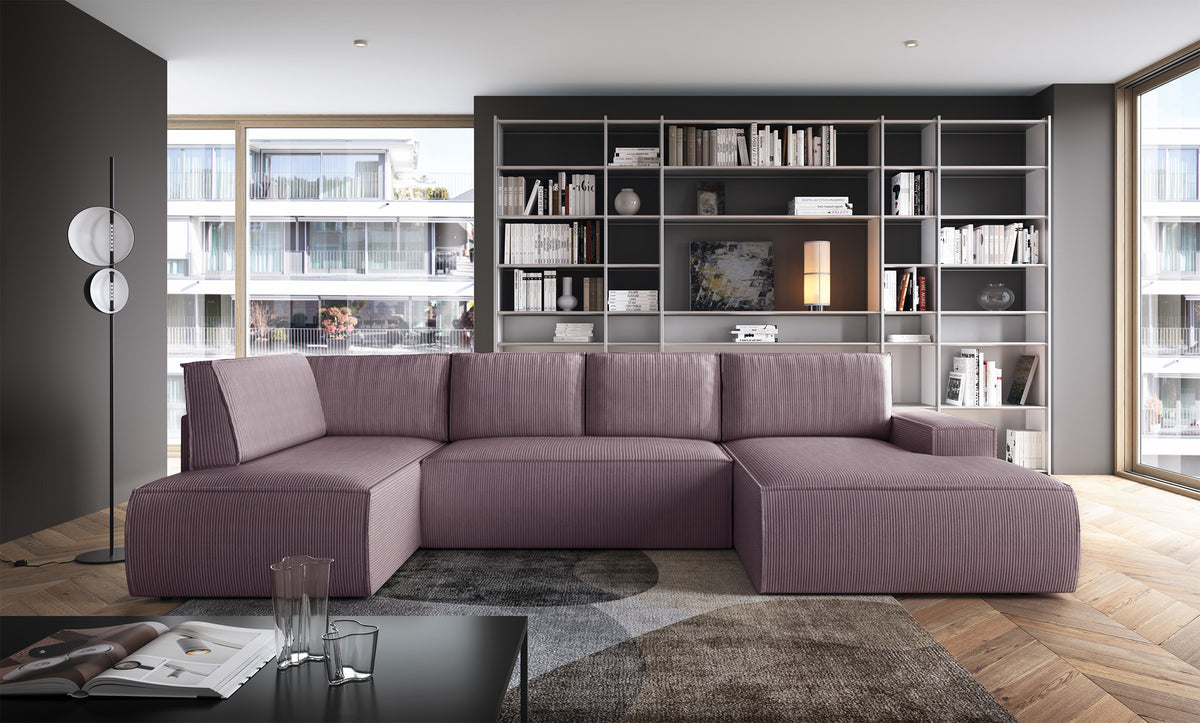 Canapé d'angle avec fonction couchage Farese New en U, coffre de rangement, angle droit, velours côtelé rose