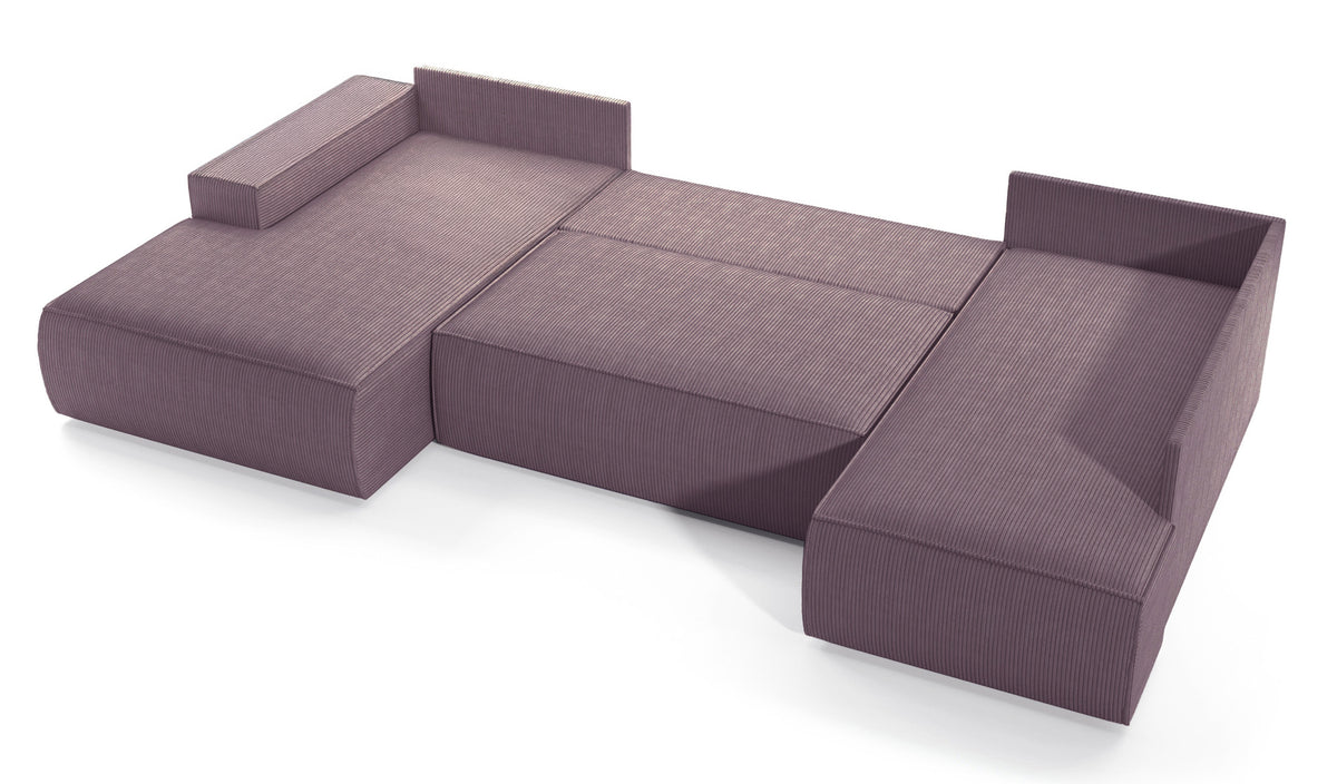 Canapé d'angle avec fonction couchage Farese New en U avec rangement, côté gauche, velours côtelé rose