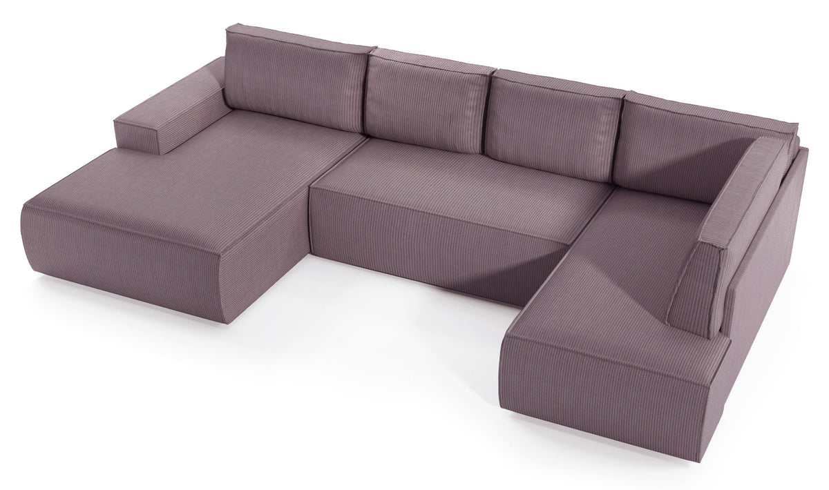 Canapé d'angle avec fonction couchage Farese New en U avec rangement, côté gauche, velours côtelé rose