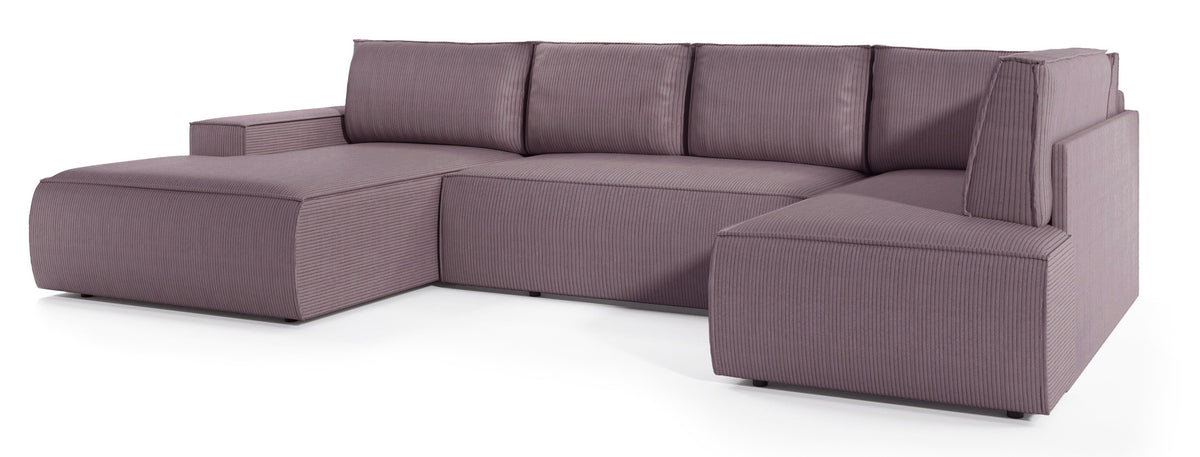 Canapé d'angle avec fonction couchage Farese New en U avec rangement, côté gauche, velours côtelé rose