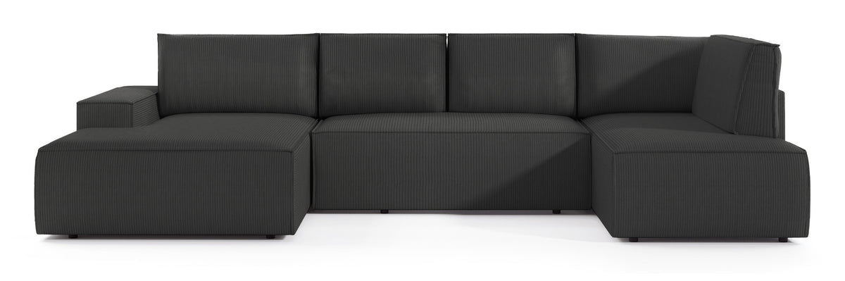 Canapé d'angle avec fonction couchage Farese New en U avec rangement, côté gauche, velours côtelé gris foncé