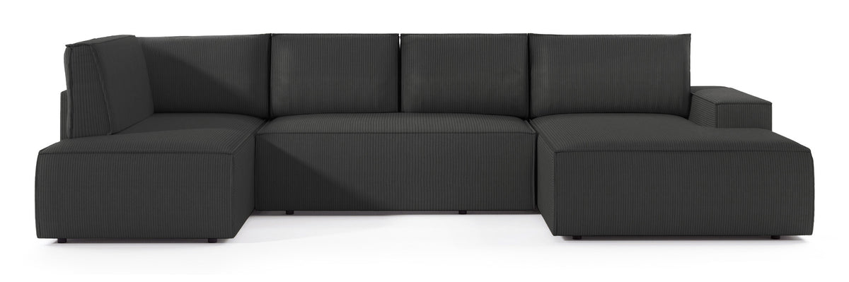 Canapé d'angle avec fonction couchage Farese New en U, avec rangement, côté droit, velours côtelé gris foncé