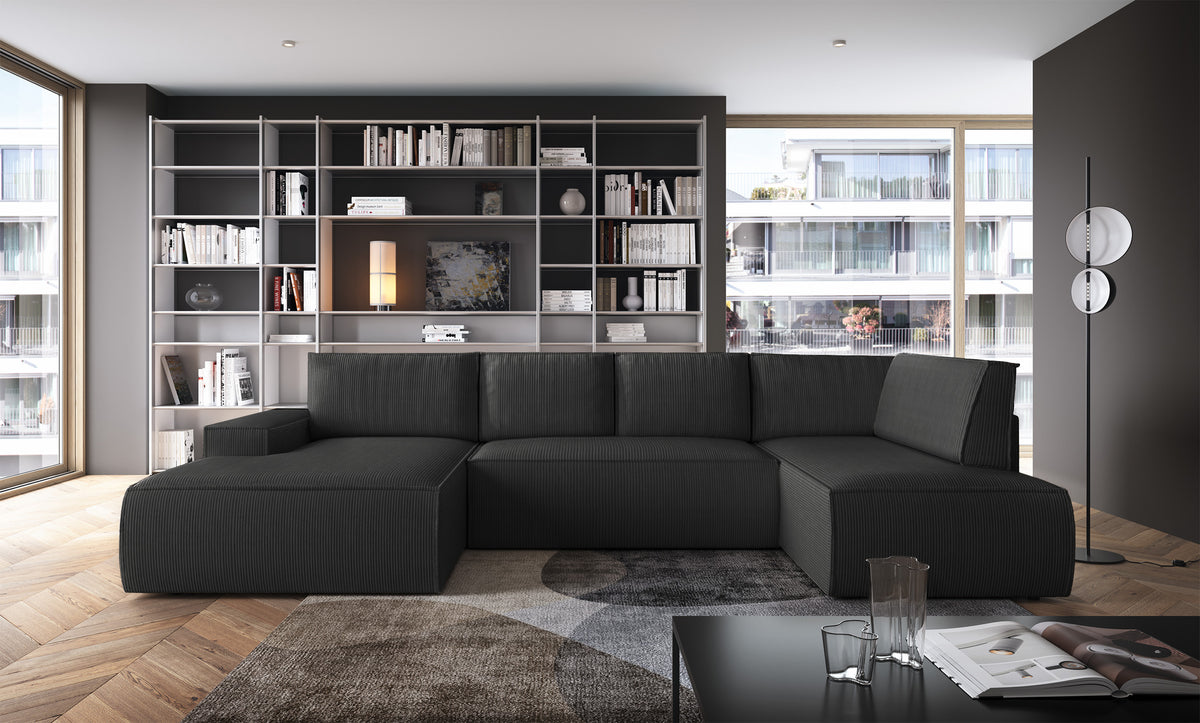 Canapé d'angle avec fonction couchage Farese New en U avec rangement, côté gauche, velours côtelé gris foncé