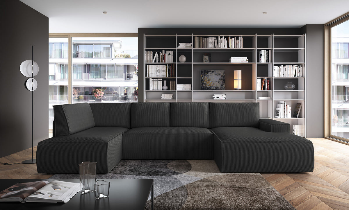 Canapé d'angle avec fonction couchage Farese New en U, avec rangement, côté droit, velours côtelé gris foncé
