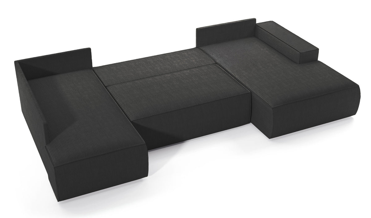 Canapé d'angle avec fonction couchage Farese New en U, avec rangement, côté droit, velours côtelé gris foncé