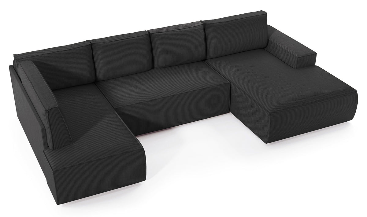 Canapé d'angle avec fonction couchage Farese New en U, avec rangement, côté droit, velours côtelé gris foncé