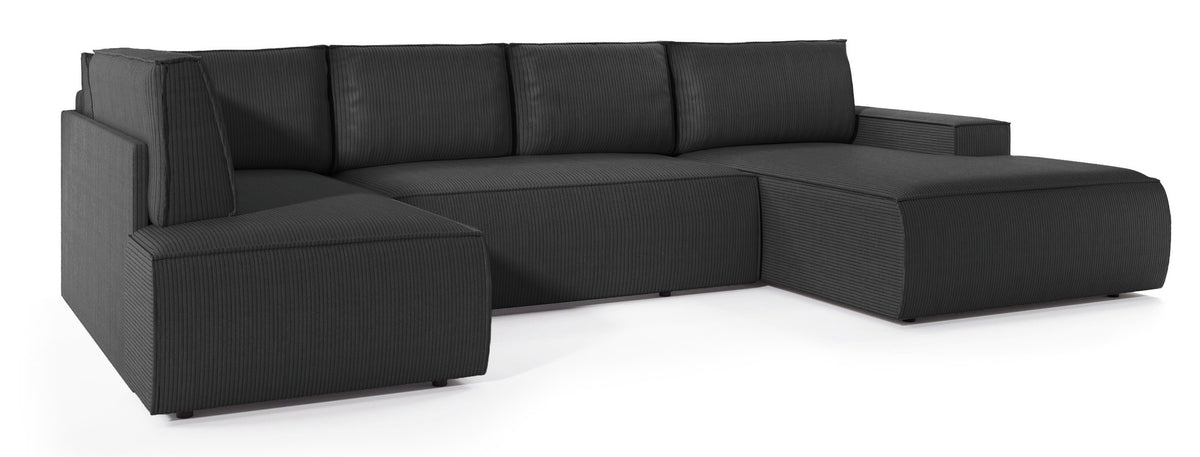 Canapé d'angle avec fonction couchage Farese New en U, avec rangement, côté droit, velours côtelé gris foncé