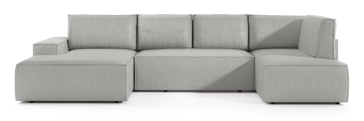 Canapé d'angle avec fonction couchage Farese New en U, avec rangement, côté gauche, velours côtelé gris clair