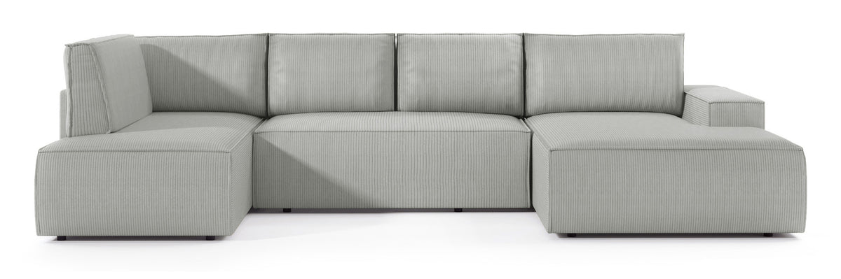 Canapé d'angle avec fonction couchage Farese New en U, coffre de rangement, côté droit, velours côtelé gris clair