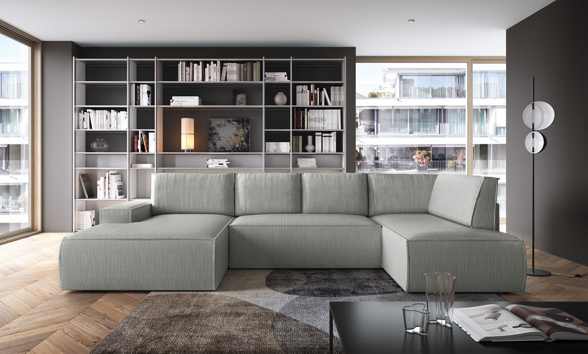 Canapé d'angle avec fonction couchage Farese New en U, avec rangement, côté gauche, velours côtelé gris clair