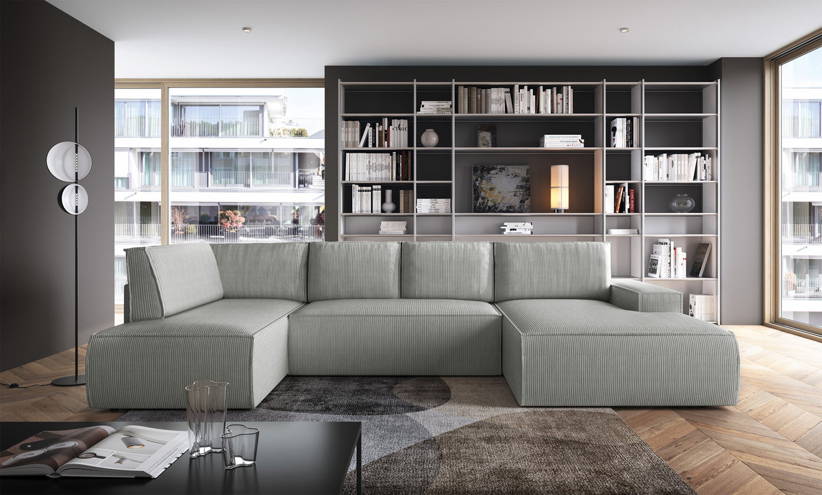 Canapé d'angle avec fonction couchage Farese New en U, coffre de rangement, côté droit, velours côtelé gris clair