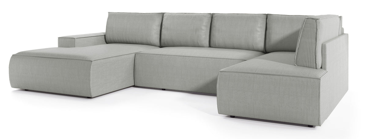 Ecksofa mit Schlaffunktion Farese New U-förmig mit Stauraum, linksseitig, hellgrauer Cordstoff