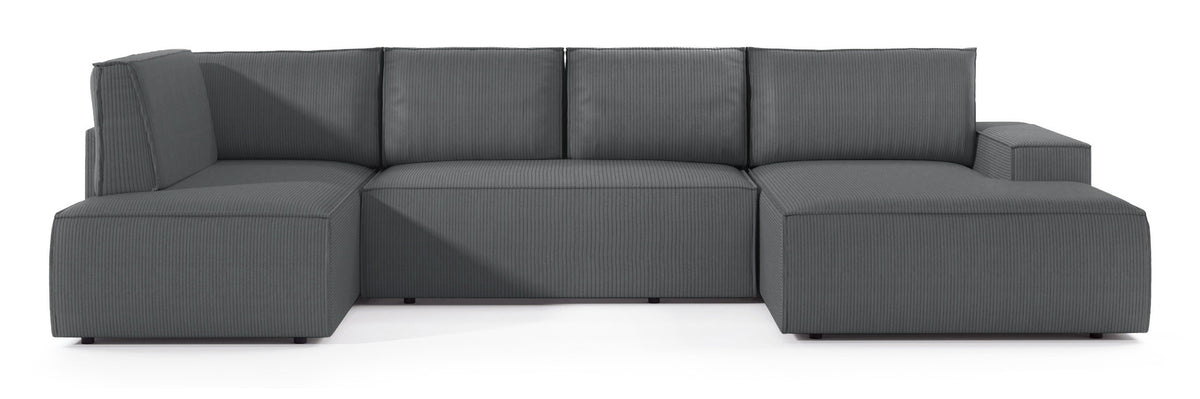 Canapé d'angle avec fonction couchage Farese New en U, avec rangement, côté droit, velours côtelé gris