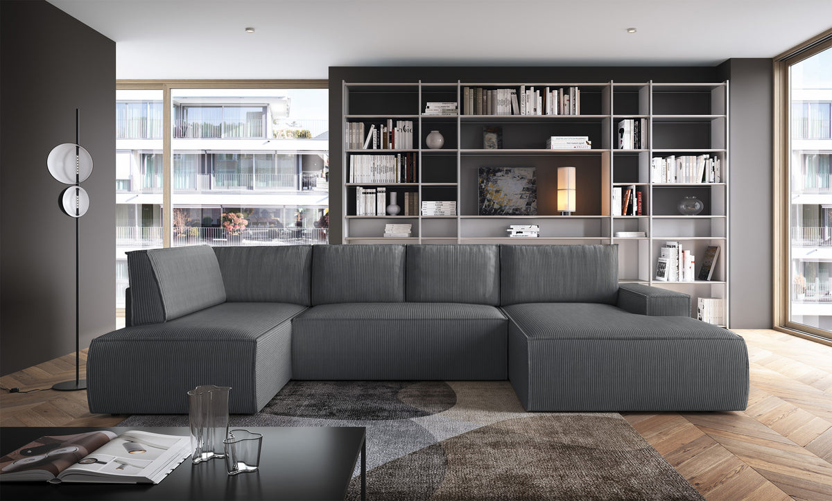 Canapé d'angle avec fonction couchage Farese New en U, avec rangement, côté droit, velours côtelé gris