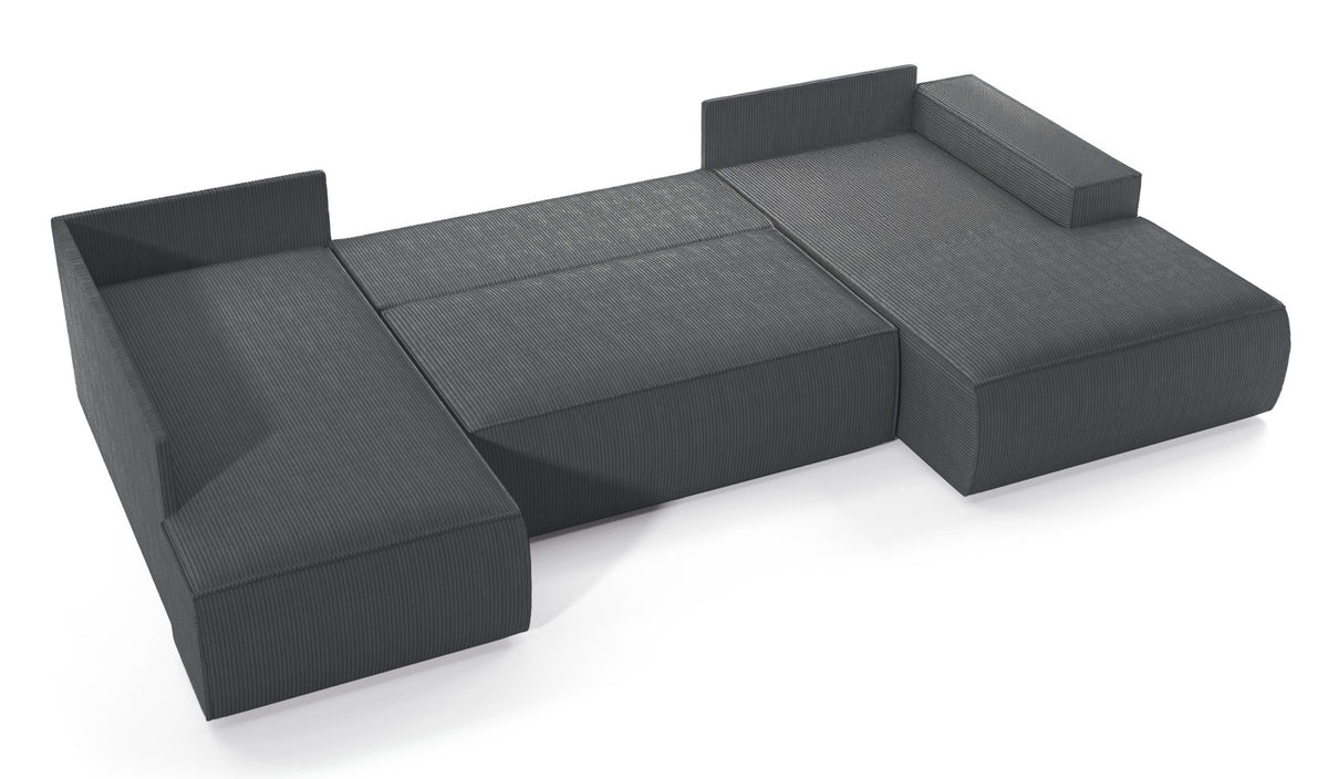 Canapé d'angle avec fonction couchage Farese New en U, avec rangement, côté droit, velours côtelé gris