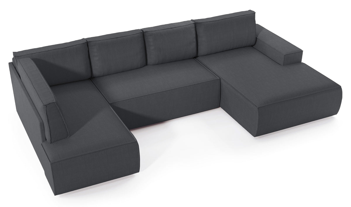 Canapé d'angle avec fonction couchage Farese New en U, avec rangement, côté droit, velours côtelé gris