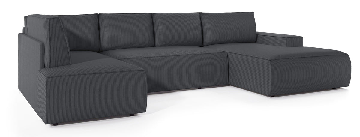 Canapé d'angle avec fonction couchage Farese New en U, avec rangement, côté droit, velours côtelé gris