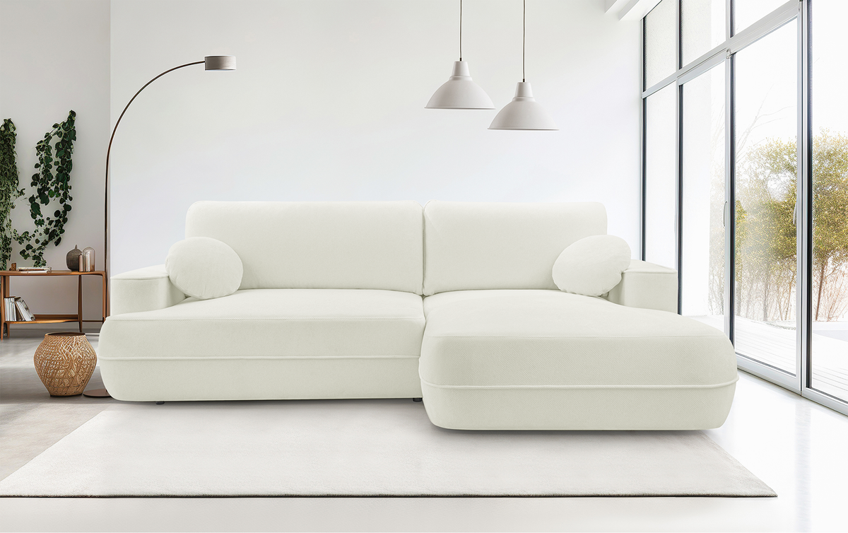 Canapé d'angle avec fonction couchage Fuerro en L, côté droit, avec coffre de rangement, blanc en tissage hydrofuge