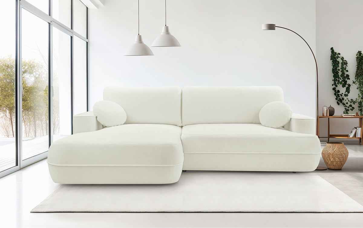 Canapé d'angle avec fonction couchage Fuerro en L, côté gauche, avec rangement, blanc en rotin hydrofuge