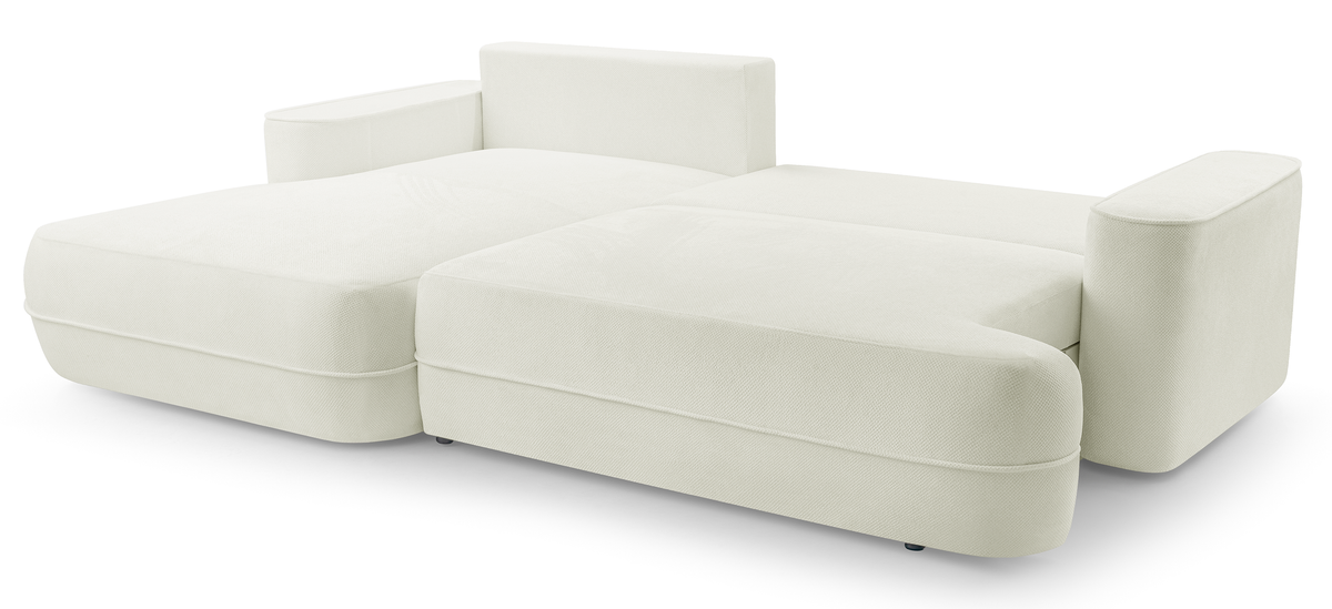 Canapé d'angle avec fonction couchage Fuerro en L, côté gauche, avec rangement, blanc en rotin hydrofuge