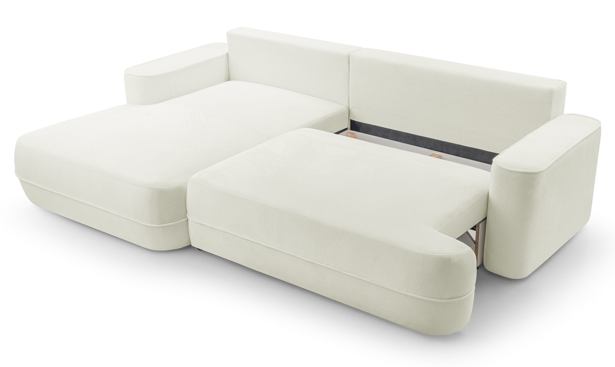 Canapé d'angle avec fonction couchage Fuerro en L, côté gauche, avec rangement, blanc en rotin hydrofuge