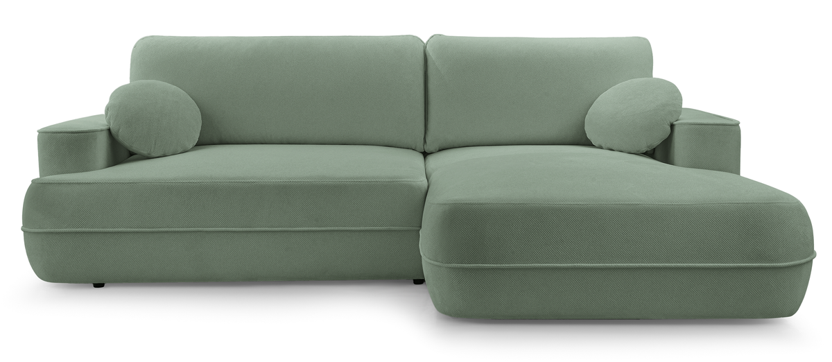 Canapé d’angle droit avec fonction couchage Fuerro en forme de L, rangement, tissage hydrofuge sauge