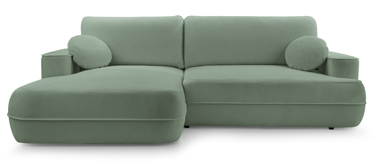 Canapé d’angle avec fonction couchage Fuerro en L, côté gauche, avec rangement, tissage hydrofuge sauge