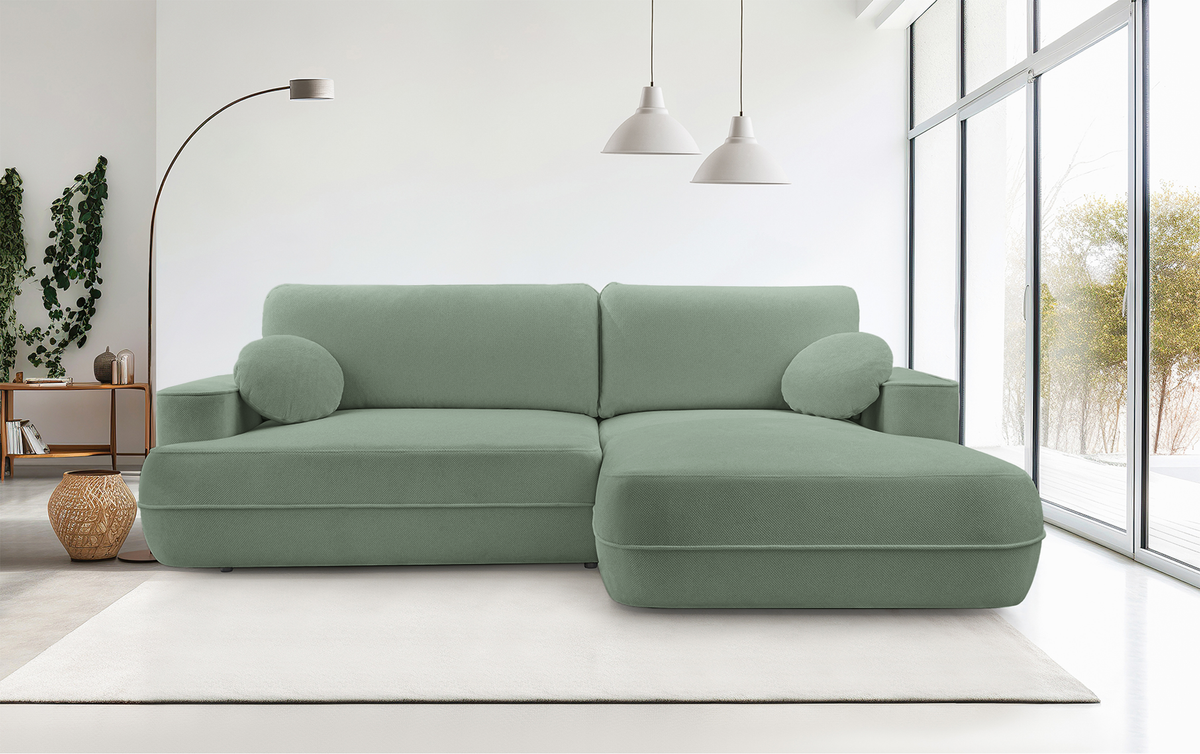 Canapé d’angle droit avec fonction couchage Fuerro en forme de L, rangement, tissage hydrofuge sauge