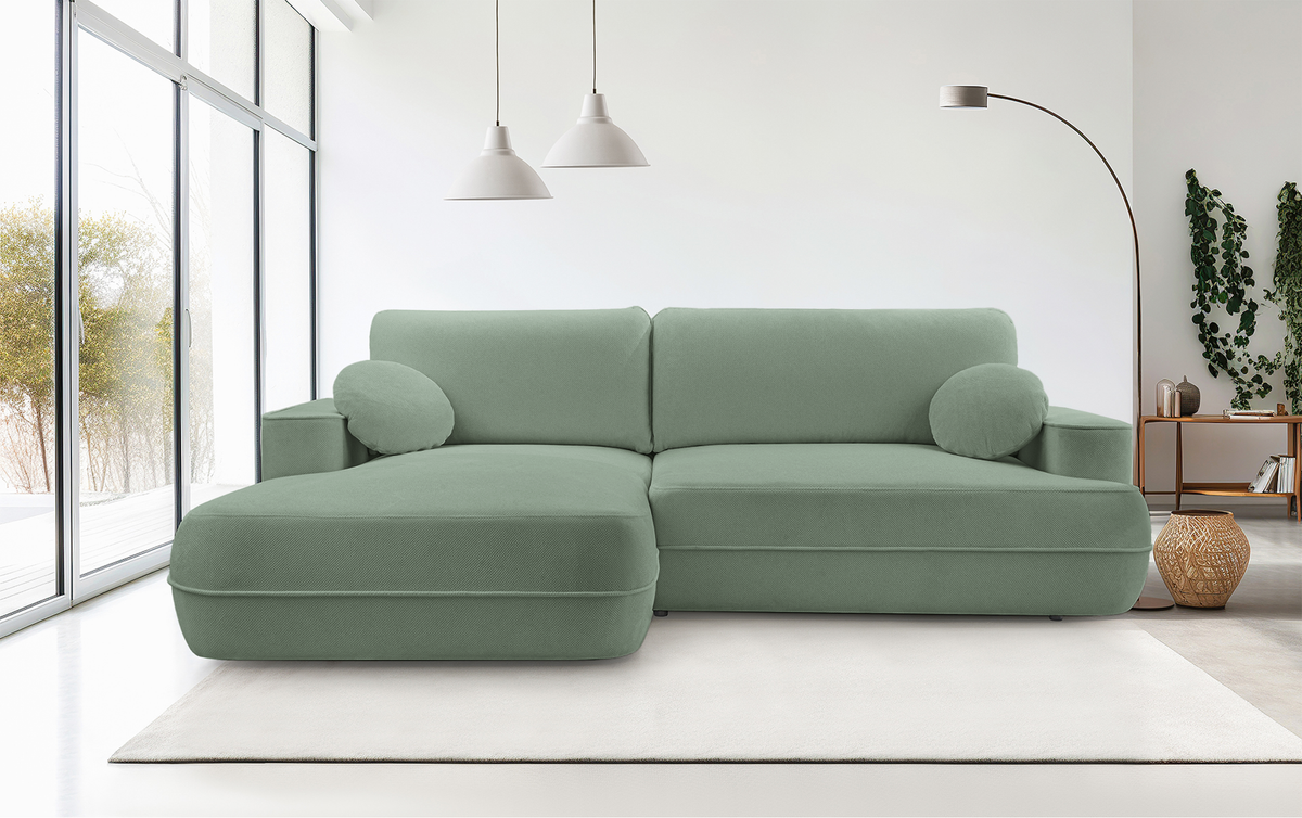 Canapé d’angle avec fonction couchage Fuerro en L, côté gauche, avec rangement, tissage hydrofuge sauge