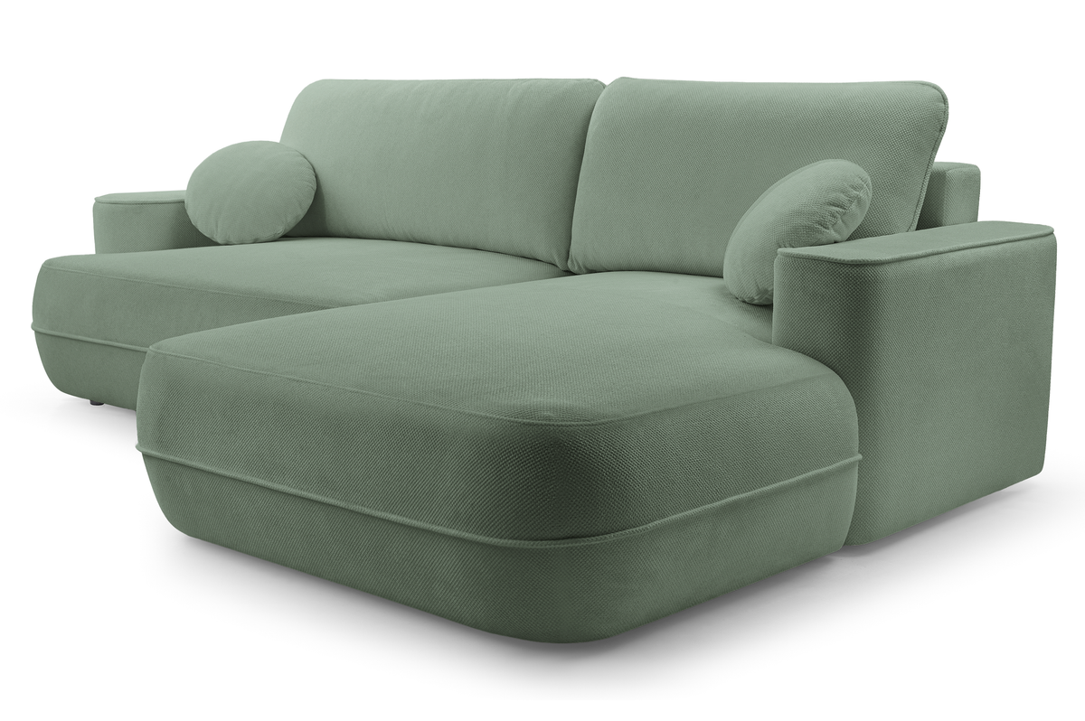 Canapé d’angle droit avec fonction couchage Fuerro en forme de L, rangement, tissage hydrofuge sauge