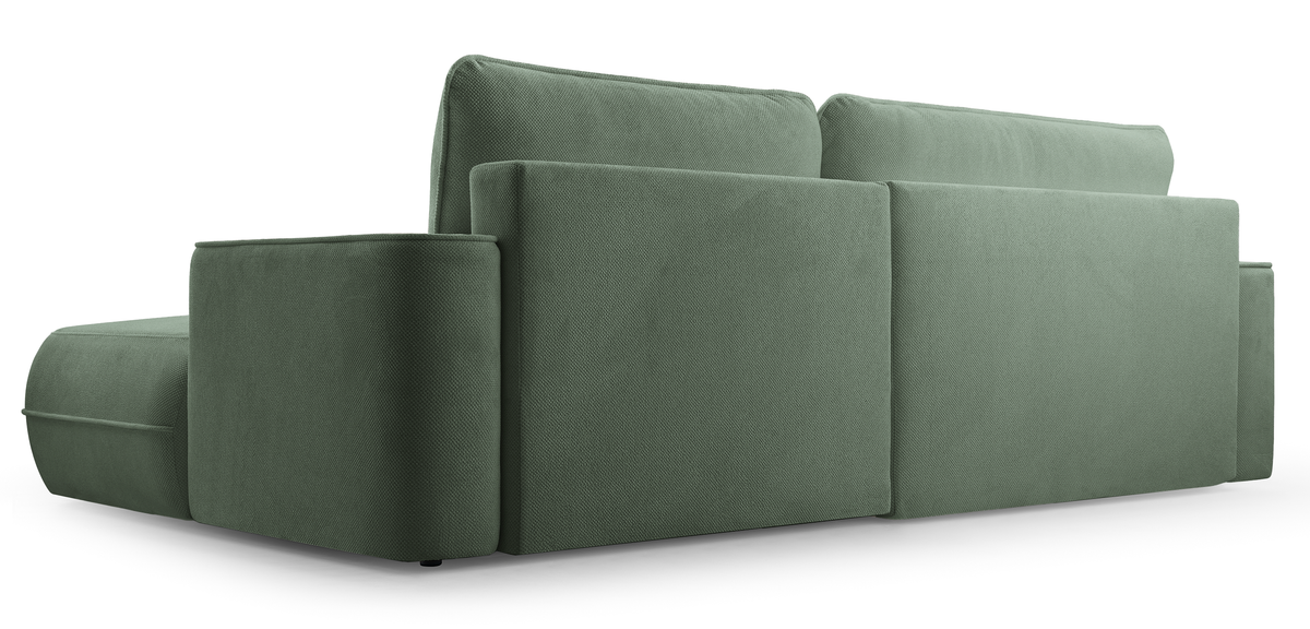 Canapé d’angle droit avec fonction couchage Fuerro en forme de L, rangement, tissage hydrofuge sauge