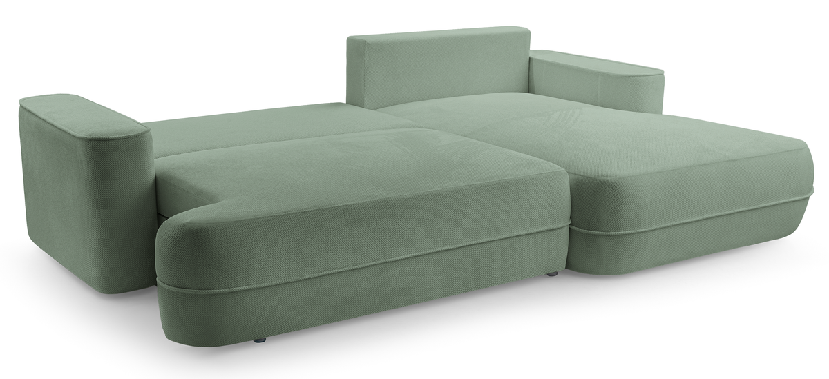 Canapé d’angle droit avec fonction couchage Fuerro en forme de L, rangement, tissage hydrofuge sauge