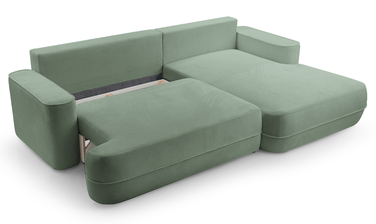 Canapé d’angle droit avec fonction couchage Fuerro en forme de L, rangement, tissage hydrofuge sauge