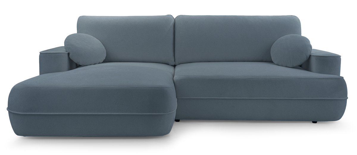 Canapé d'angle avec fonction couchage Fuerro en L, côté gauche, avec rangement, bleu clair tressé hydrofuge