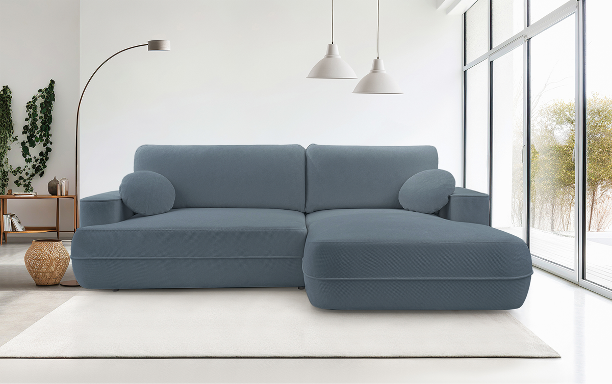 Canapé d'angle convertible Fuerro en L, côté droit, avec coffre de rangement, bleu clair, tissage hydrofuge