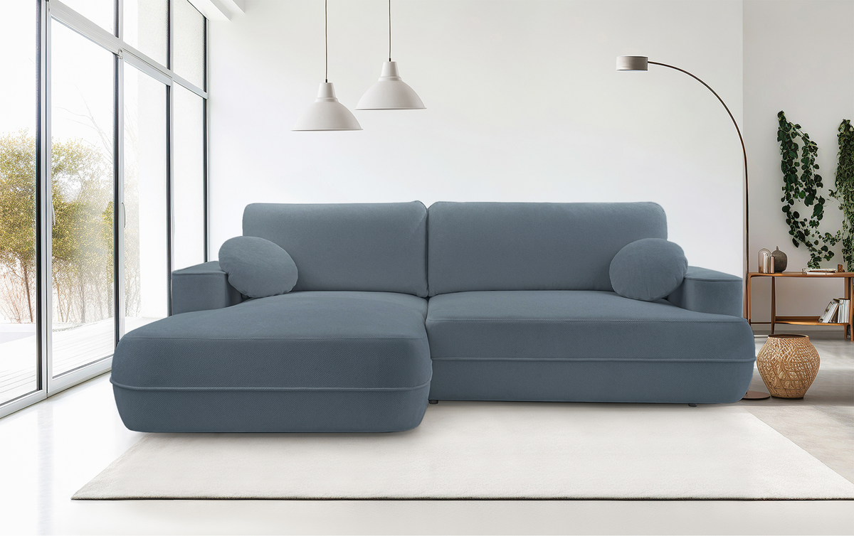 Canapé d'angle avec fonction couchage Fuerro en L, côté gauche, avec rangement, bleu clair tressé hydrofuge
