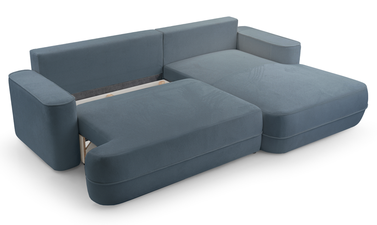 Canapé d'angle convertible Fuerro en L, côté droit, avec coffre de rangement, bleu clair, tissage hydrofuge