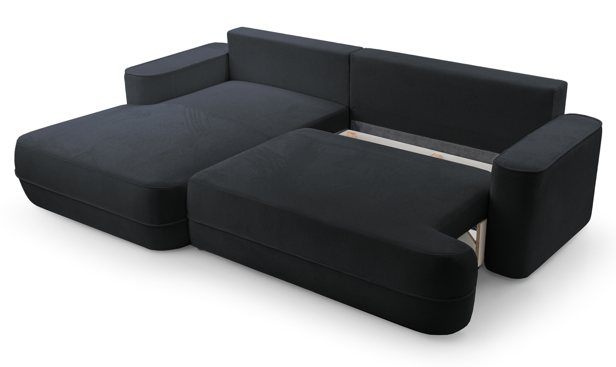 Canapé d'angle convertible Fuerro en L, côté gauche, avec coffre de rangement, tissage noir hydrofuge