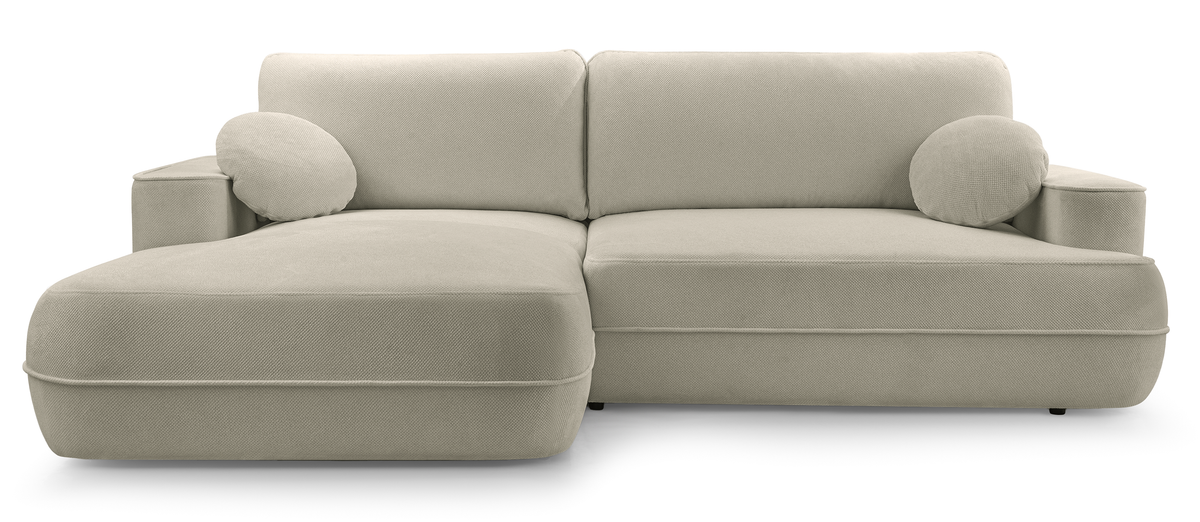 Canapé d'angle avec fonction couchage Fuerro en L, côté gauche, avec rangement, tressage hydrofuge couleur brun clair