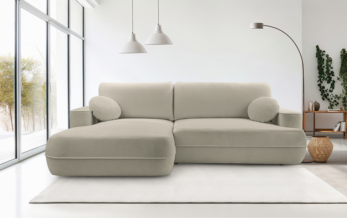 Canapé d'angle avec fonction couchage Fuerro en L, côté gauche, avec rangement, tressage hydrofuge couleur brun clair