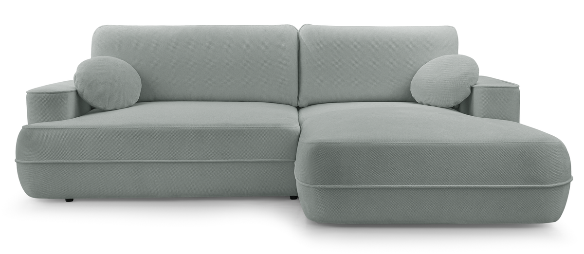 Canapé d'angle avec fonction couchage Fuerro en L, orientation droite, avec coffre de rangement, tissage hydrofuge gris beige