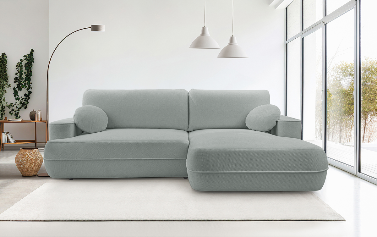 Canapé d'angle avec fonction couchage Fuerro en L, orientation droite, avec coffre de rangement, tissage hydrofuge gris beige