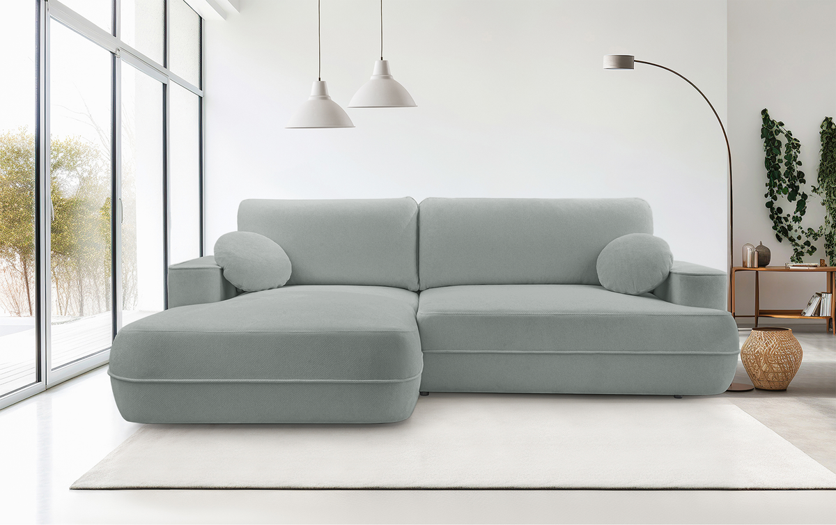 Canapé d'angle avec fonction couchage Fuerro en L, côté gauche, avec coffre, tissage hydrofuge gris-beige