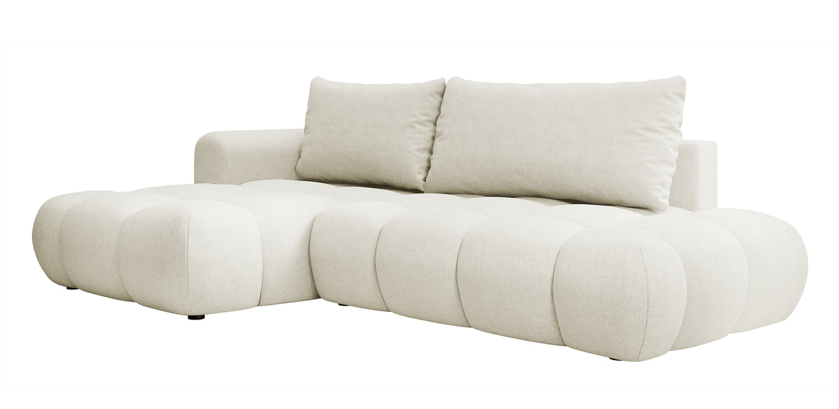 Canapé d'angle convertible Ombo crème en L avec coffre, tissu easy-clean tressé, version gauche