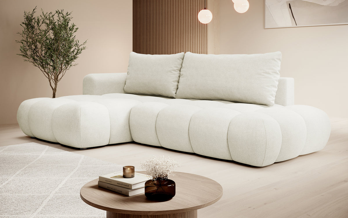 Canapé d'angle convertible Ombo crème en L avec coffre, tissu easy-clean tressé, version gauche