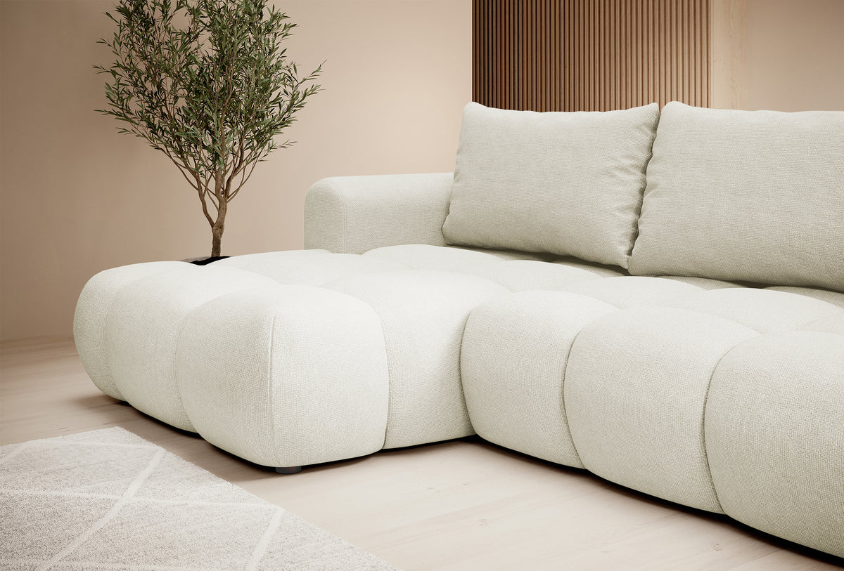 Canapé d'angle convertible Ombo crème en L avec coffre, tissu easy-clean tressé, version gauche