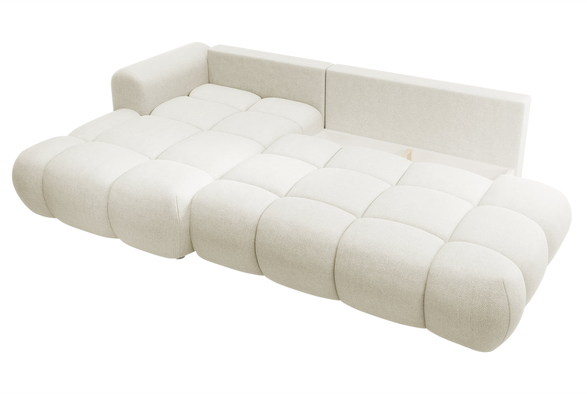 Canapé d'angle convertible Ombo crème en L avec coffre, tissu easy-clean tressé, version gauche