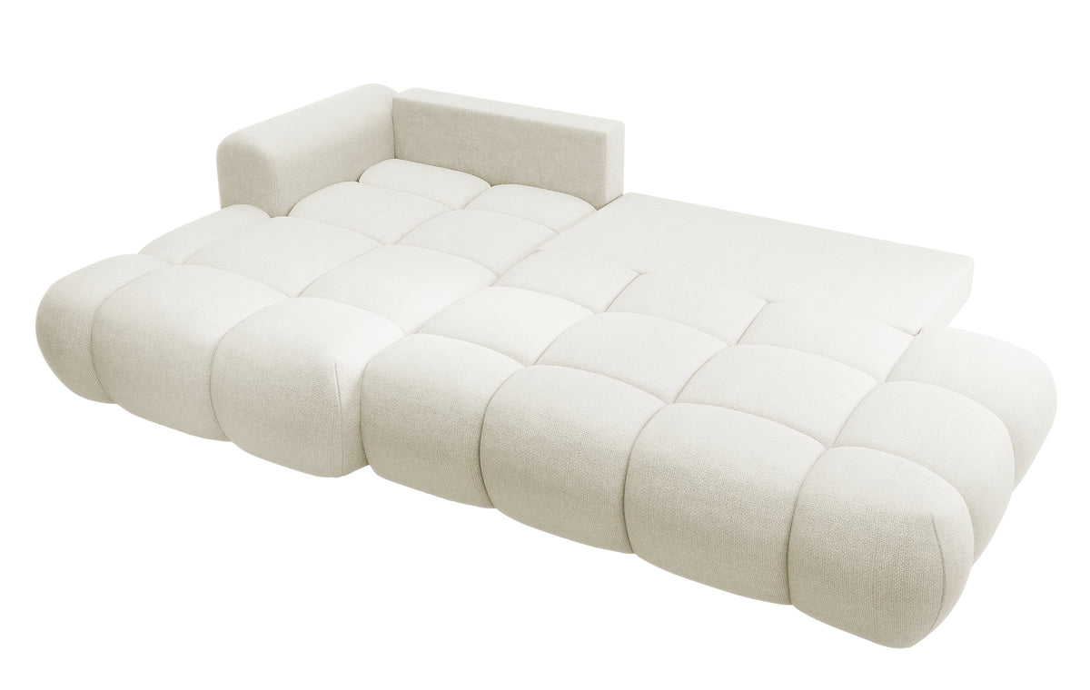 Canapé d'angle convertible Ombo crème en L avec coffre, tissu easy-clean tressé, version gauche