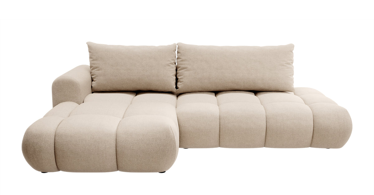 Canapé d'angle convertible Ombo beige en tissu facile d'entretien tressé avec coffre, modèle en L, côté gauche