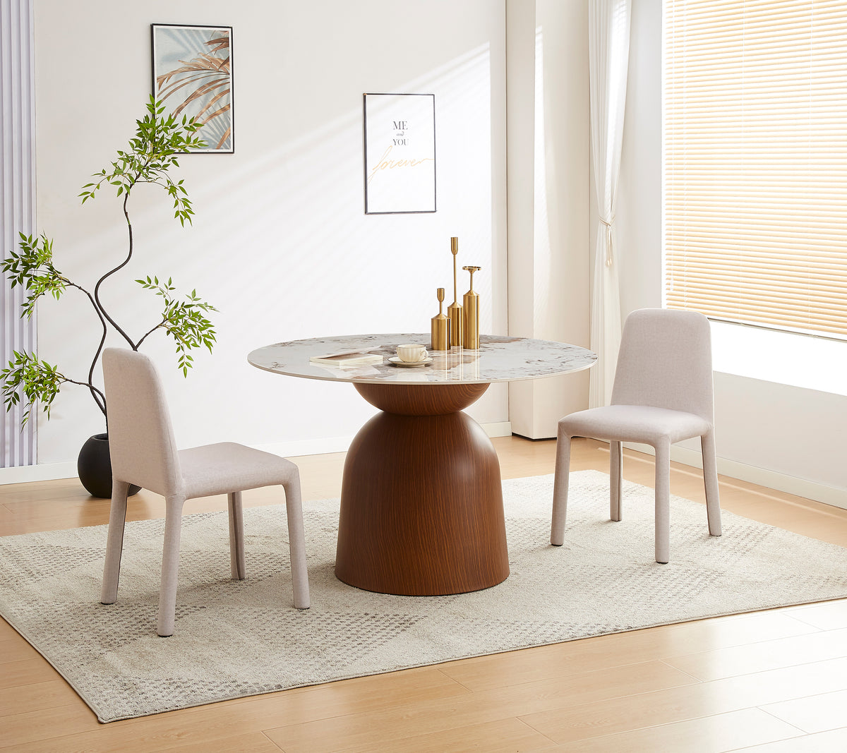 Table de salle à manger Glindro ronde diamètre 120 cm avec plateau en pierre/noyer